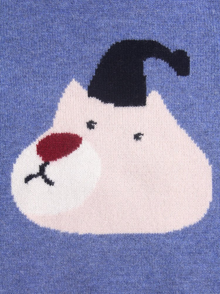 Kids Cashmere Sweater Cartoon Bear Intarsia Crew Neck Cashmere Pullover Blue 80