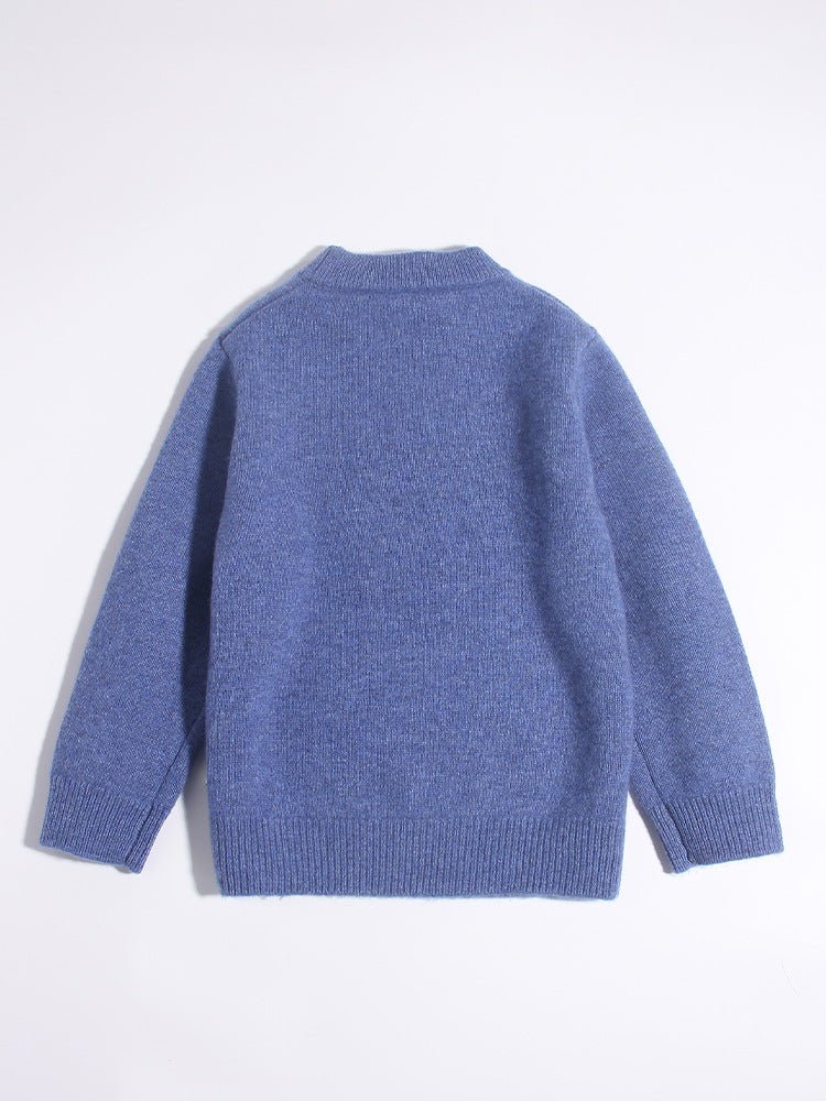 Kids Cashmere Sweater Cartoon Bear Intarsia Crew Neck Cashmere Pullover Blue 80