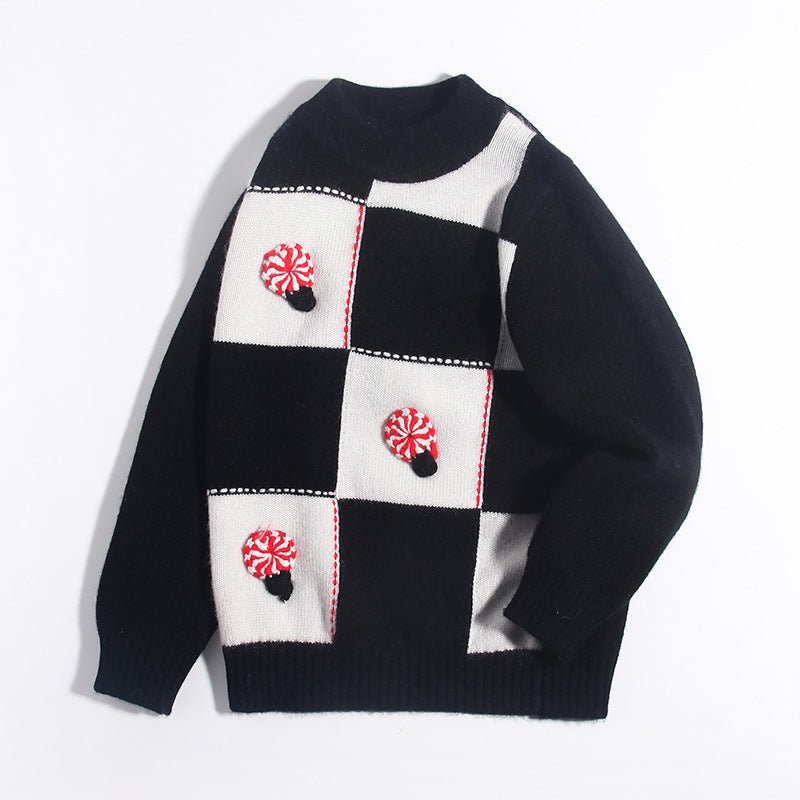 Kids Cashmere Sweater Checkerboard Knit Red Swirl Accents Cashmere Pullover Black 90
