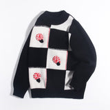 Kids Cashmere Sweater Checkerboard Knit Red Swirl Accents Cashmere Pullover Black 90