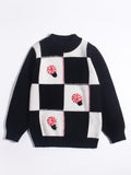 Kids Cashmere Sweater Checkerboard Knit Red Swirl Accents Cashmere Pullover Black 90
