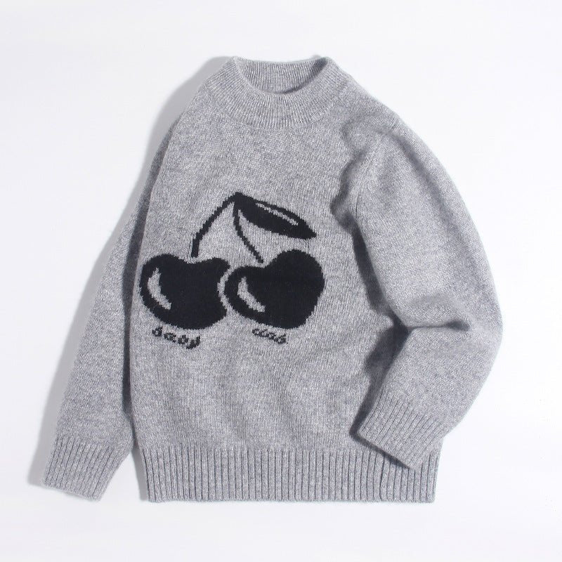 Kids Cashmere Sweater Cherry Intarsia Crew Neck Cashmere Pullover Grey 90