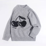 Kids Cashmere Sweater Cherry Intarsia Crew Neck Cashmere Pullover Grey 90