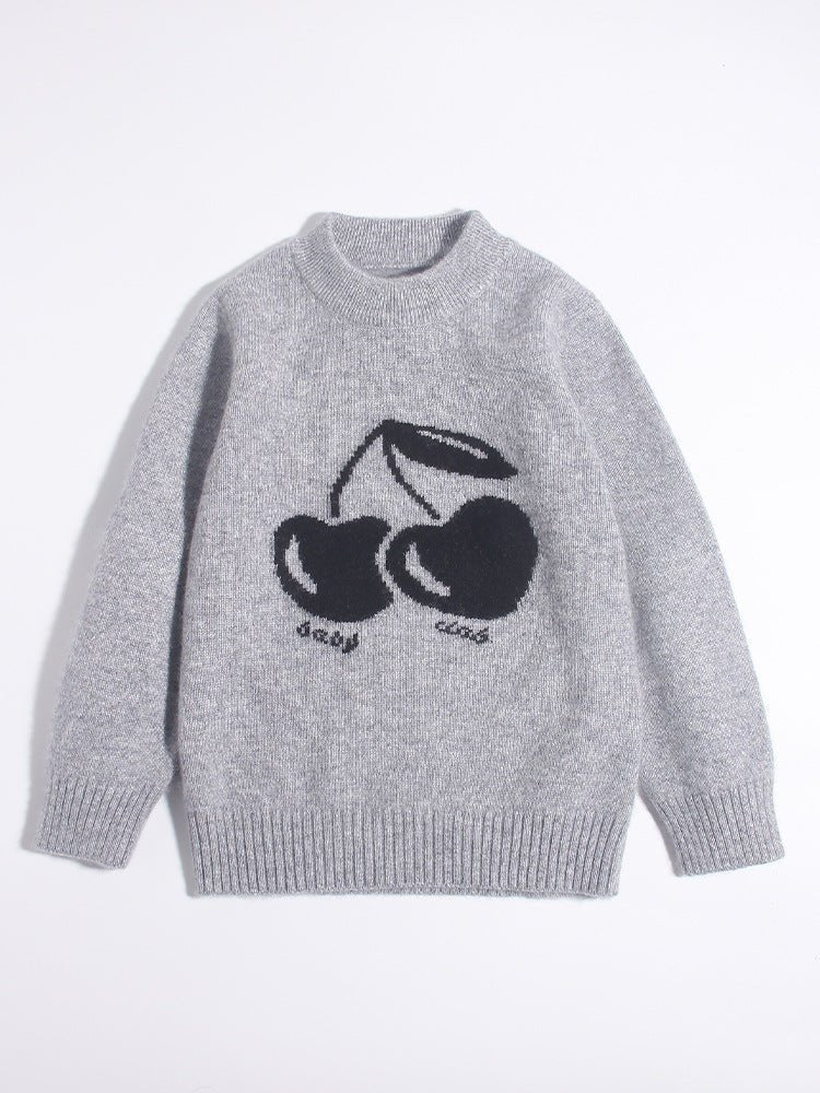 Kids Cashmere Sweater Cherry Intarsia Crew Neck Cashmere Pullover Grey 90