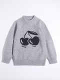 Kids Cashmere Sweater Cherry Intarsia Crew Neck Cashmere Pullover Grey 90
