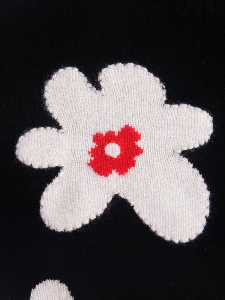 Kids Cashmere Sweater Floral Intarsia Crew Neck Cashmere Pullover Black 90