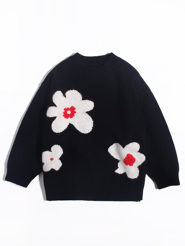 Kids Cashmere Sweater Floral Intarsia Crew Neck Cashmere Pullover Black 90