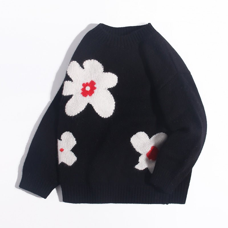Kids Cashmere Sweater Floral Intarsia Crew Neck Cashmere Pullover Black 90