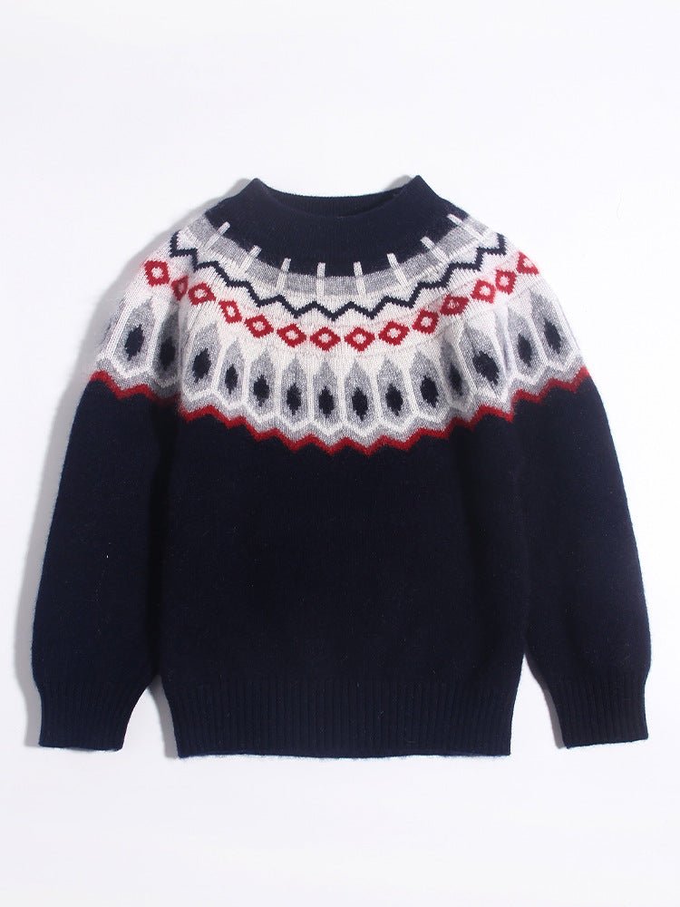 Kids Cashmere Sweater Nordic Fair Isle Pattern Long Sleeve Cashmere Top Navy Blue 90