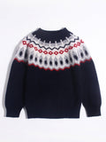 Kids Cashmere Sweater Nordic Fair Isle Pattern Long Sleeve Cashmere Top Navy Blue 90