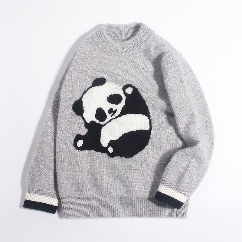 Kids Cashmere Sweater Panda Design Cashmere Pullover Ribbed Cuffs Grey 90