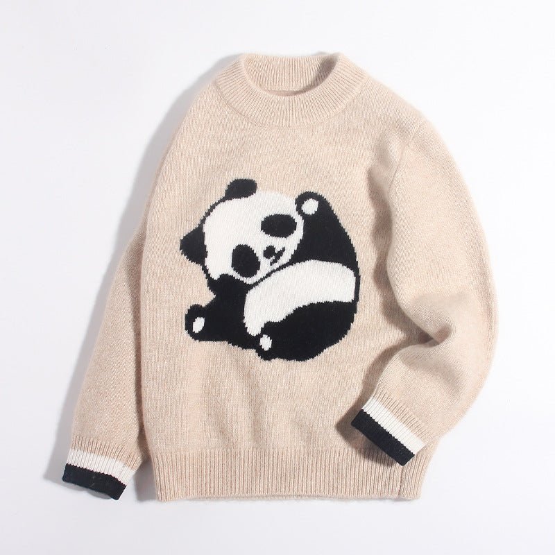 Kids Cashmere Sweater Panda Design Cashmere Pullover Ribbed Cuffs Beige 90