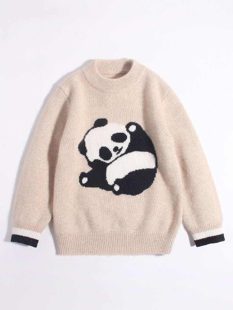 Kids Cashmere Sweater Panda Design Cashmere Pullover Ribbed Cuffs Grey 90