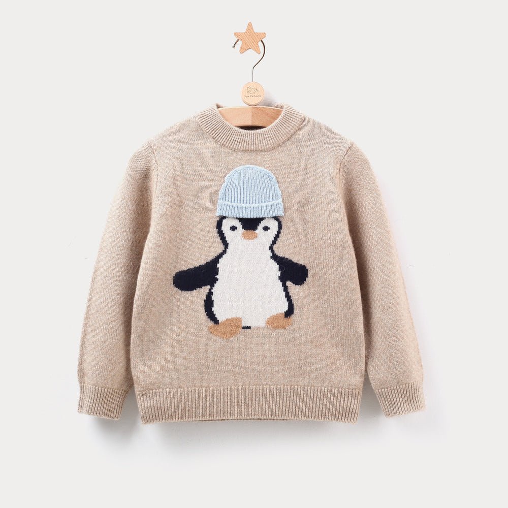 Kids Cashmere Sweater Penguin Design Crew Neck Cashmere Knit Pullover Beige 80