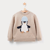 Kids Cashmere Sweater Penguin Design Crew Neck Cashmere Knit Pullover Beige 80