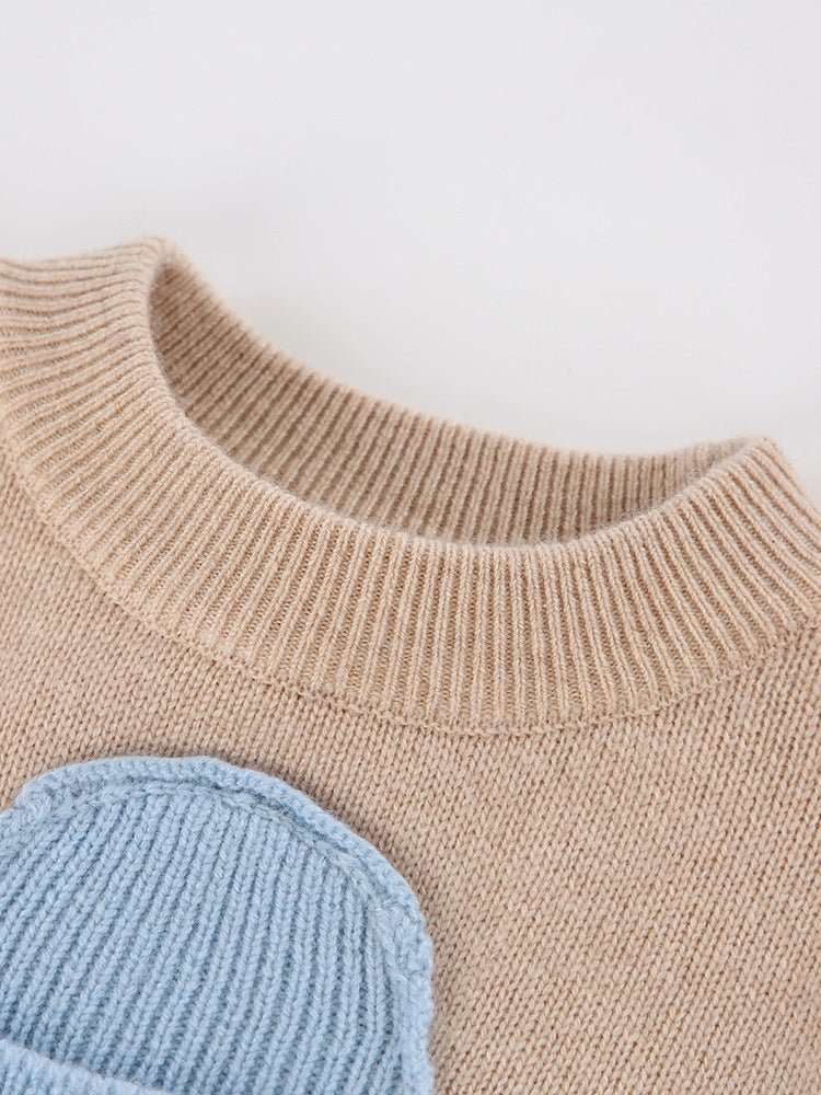 Kids Cashmere Sweater Penguin Design Crew Neck Cashmere Knit Pullover Beige 80
