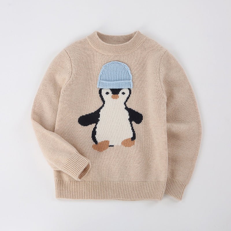 Kids Cashmere Sweater Penguin Design Crew Neck Cashmere Knit Pullover Beige 80
