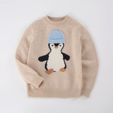 Kids Cashmere Sweater Penguin Design Crew Neck Cashmere Knit Pullover Beige 80