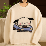 Kids Cashmere Sweater Puppy Driving Cartoon Design Cashmere Pullover Ivory 90