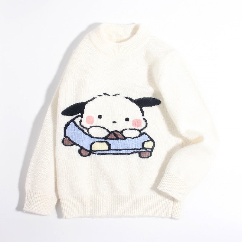 Kids Cashmere Sweater Puppy Driving Cartoon Design Cashmere Pullover Ivory 90