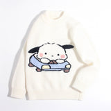Kids Cashmere Sweater Puppy Driving Cartoon Design Cashmere Pullover Ivory 90