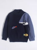 Kids Cashmere Sweater Shark Fish Design Warm Cashmere Knit Pullover Navy Blue 90