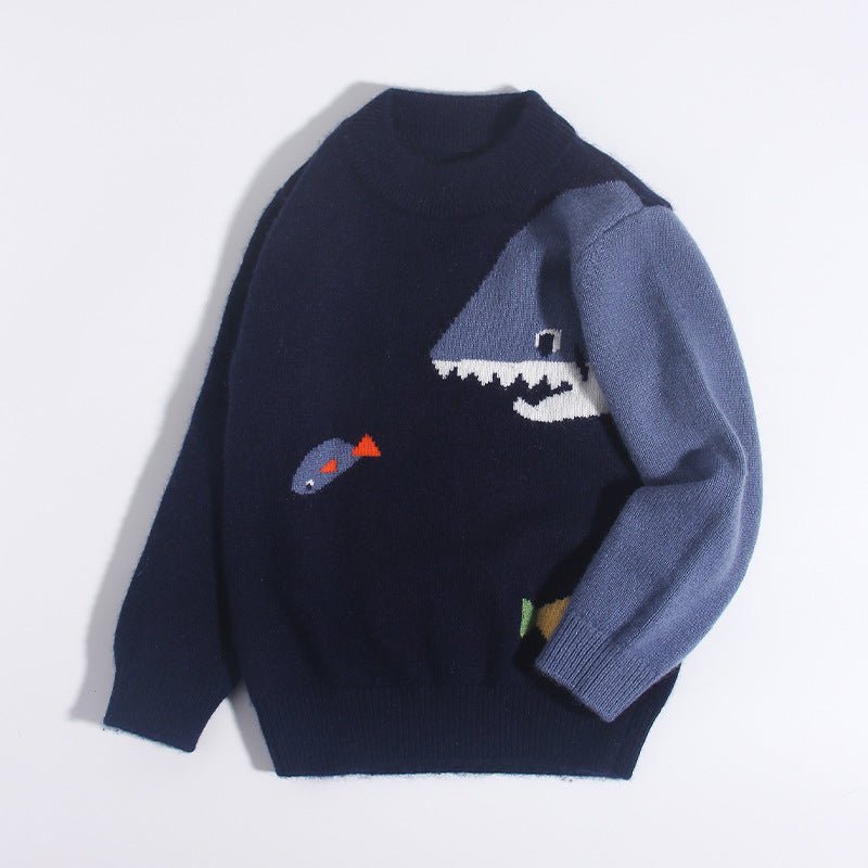 Kids Cashmere Sweater Shark Fish Design Warm Cashmere Knit Pullover Navy Blue 90