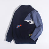 Kids Cashmere Sweater Shark Fish Design Warm Cashmere Knit Pullover Navy Blue 90