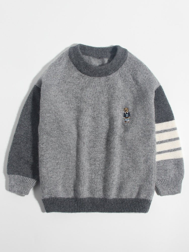 Kids Cashmere Sweater Striped Sleeve Bear Embroidery Cashmere Pullover Grey 90