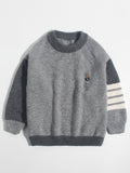 Kids Cashmere Sweater Striped Sleeve Bear Embroidery Cashmere Pullover Grey 90