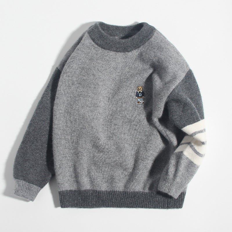 Kids Cashmere Sweater Striped Sleeve Bear Embroidery Cashmere Pullover Grey 90
