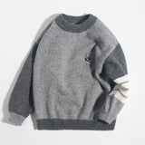 Kids Cashmere Sweater Striped Sleeve Bear Embroidery Cashmere Pullover Grey 90