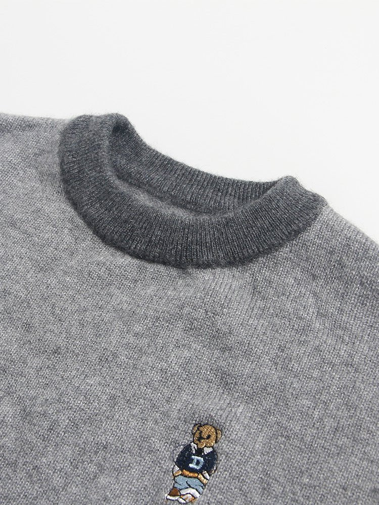 Kids Cashmere Sweater Striped Sleeve Bear Embroidery Cashmere Pullover Grey 90