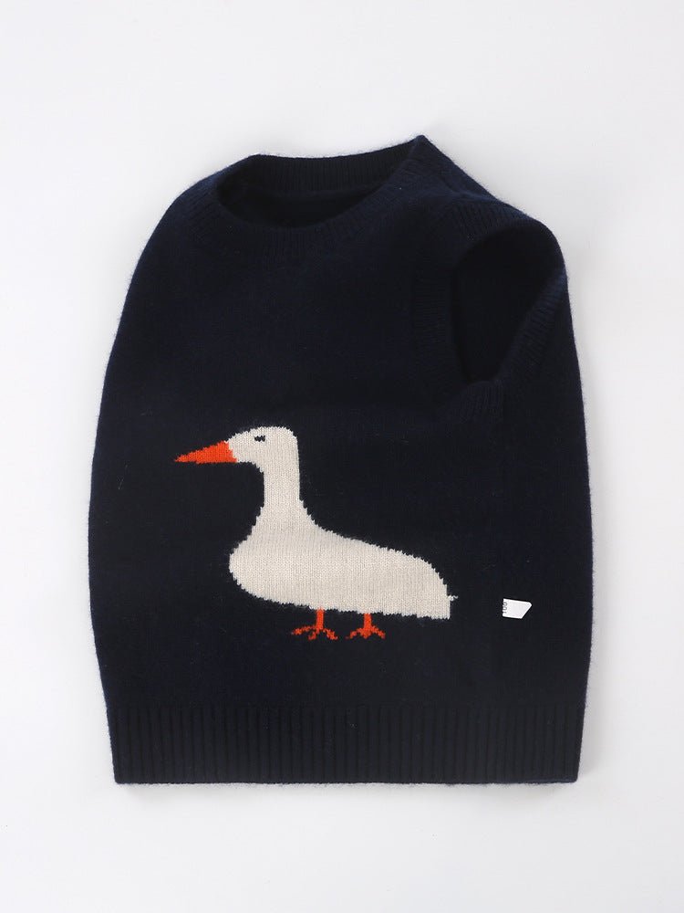 Kids Cashmere Sweater Vest Sleeveless Cashmere Knit Pullover with Goose Navy Blue 90