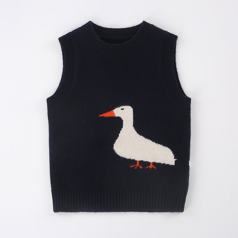 Kids Cashmere Sweater Vest Sleeveless Cashmere Knit Pullover with Goose Navy Blue 90