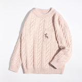 Kids Chunky Cable Knit Cashmere Sweater with Pocket Deer Embroidery Cashmere Pullover Beige 80