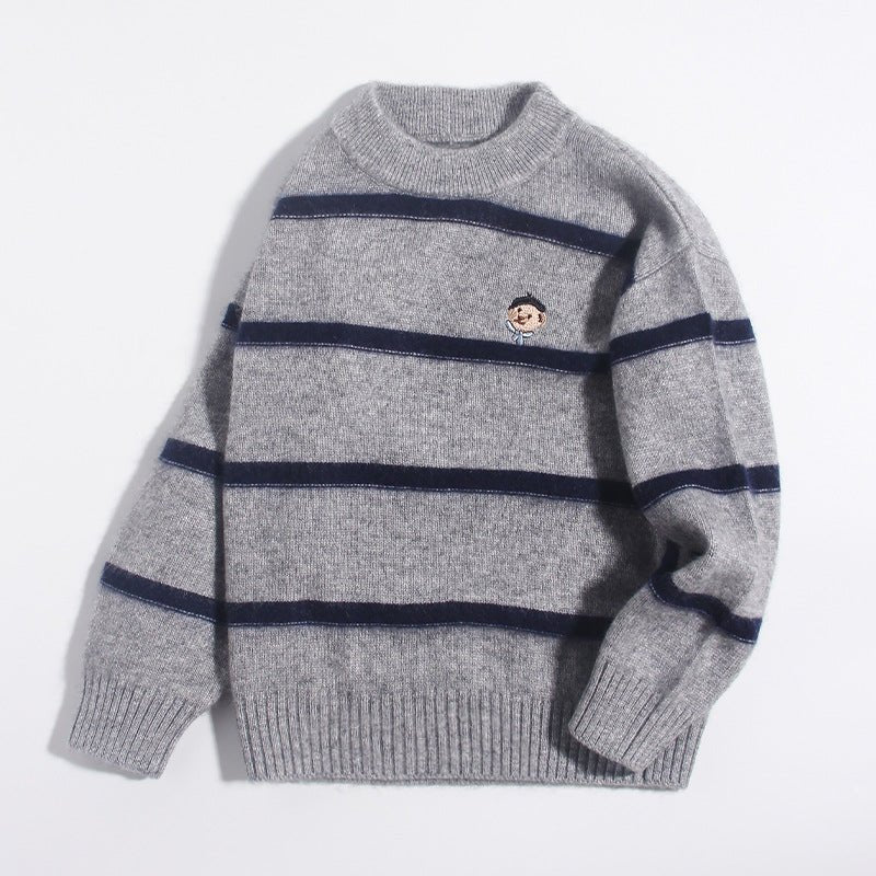 Kids Crew Neck Cashmere Sweater Stripes Cartoon Patch Cashmere Pullover Grey 90