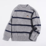Kids Crew Neck Cashmere Sweater Stripes Cartoon Patch Cashmere Pullover Grey 90