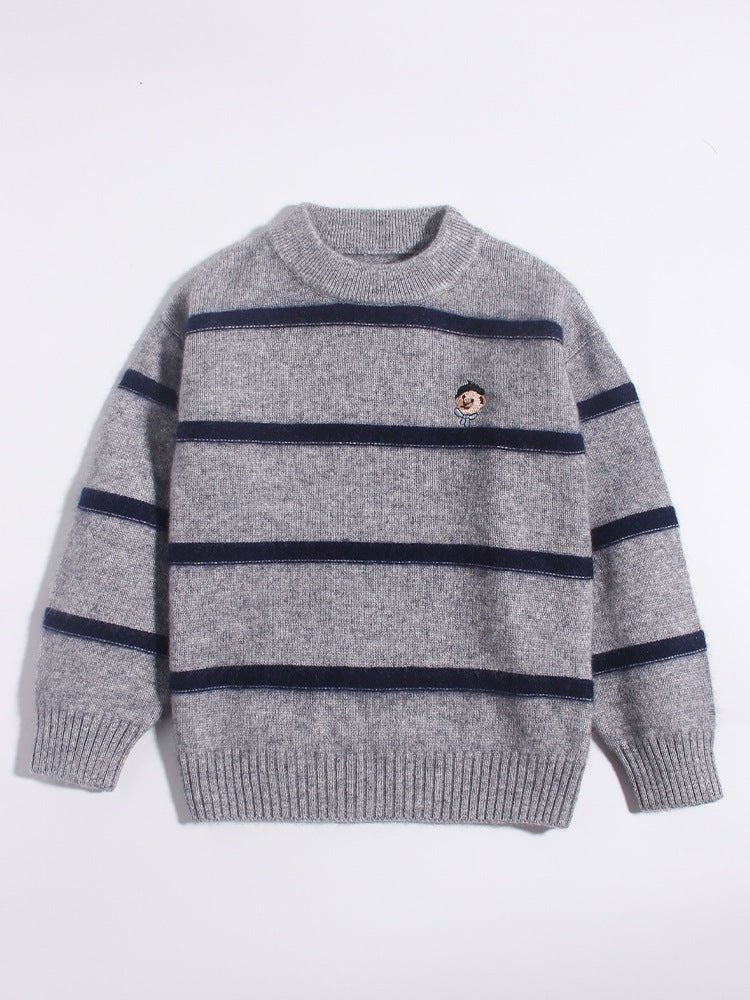 Kids Crew Neck Cashmere Sweater Stripes Cartoon Patch Cashmere Pullover Grey 90