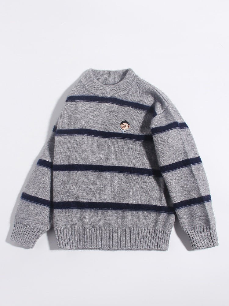 Kids Crew Neck Cashmere Sweater Stripes Cartoon Patch Cashmere Pullover Grey 90