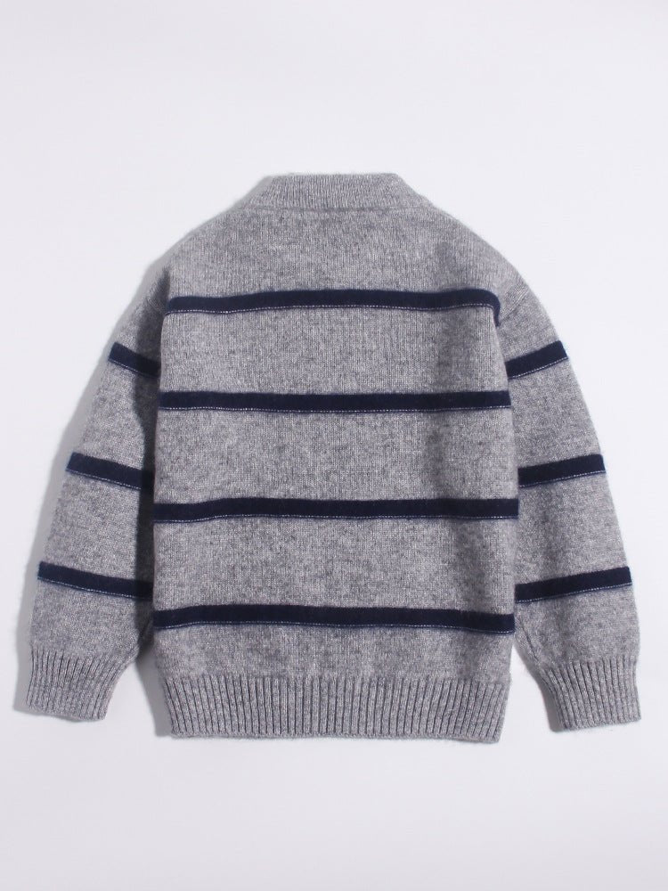 Kids Crew Neck Cashmere Sweater Stripes Cartoon Patch Cashmere Pullover Grey 90