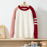 Kids Pure Cashmere Color Block Sweater Long Sleeve Soft Knit Pullover Red 100