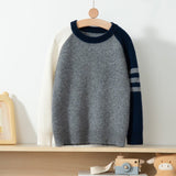 Kids Pure Cashmere Color Block Sweater Long Sleeve Soft Knit Pullover Navy Blue 100