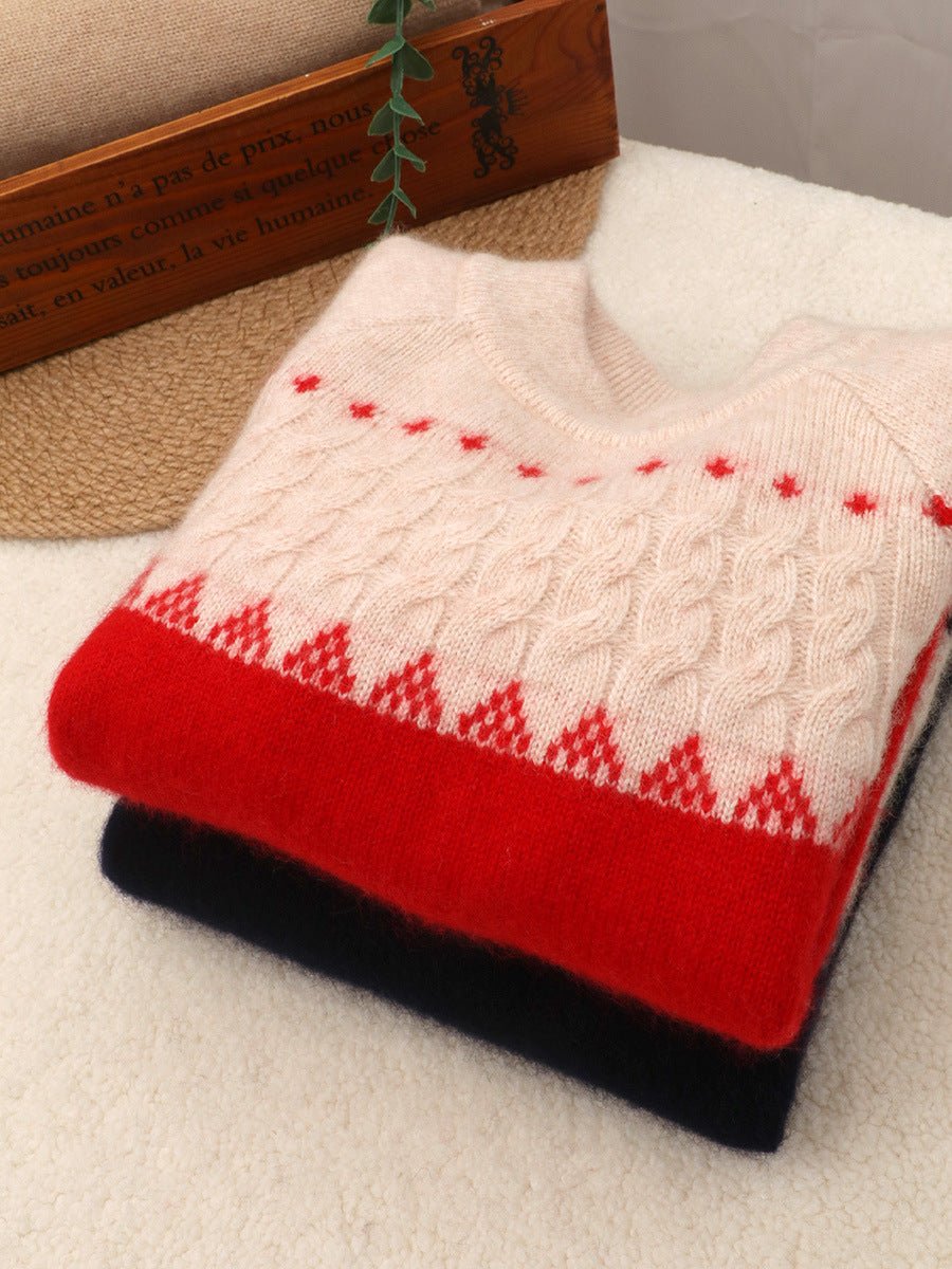 Kids Crew Neck Pure Cashmere Sweater Nordic Knit Yoke Cashmere Pullover Red 90
