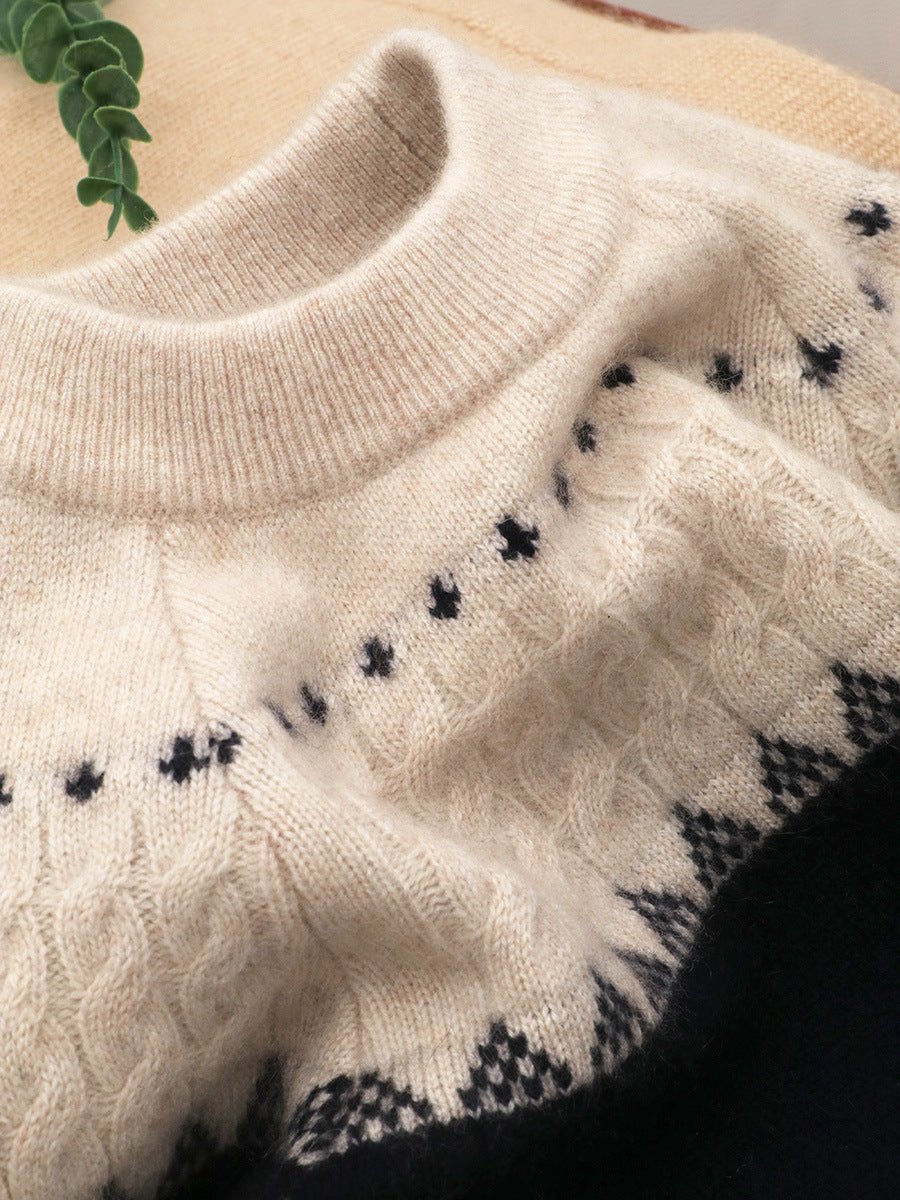 Kids Crew Neck Pure Cashmere Sweater Nordic Knit Yoke Cashmere Pullover Black 90