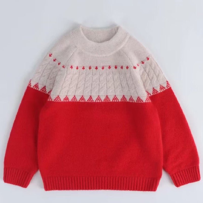 Kids Crew Neck Pure Cashmere Sweater Nordic Knit Yoke Cashmere Pullover Red 90