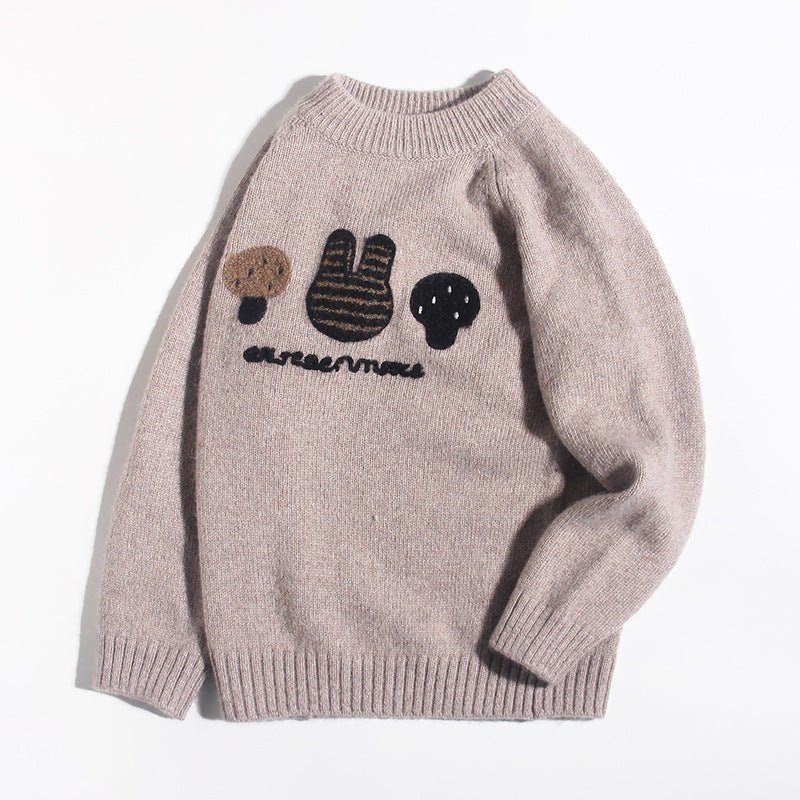 Kids Long Sleeve Cashmere Sweater Bunny and Mushroom Cashmere Pullover Brown 90