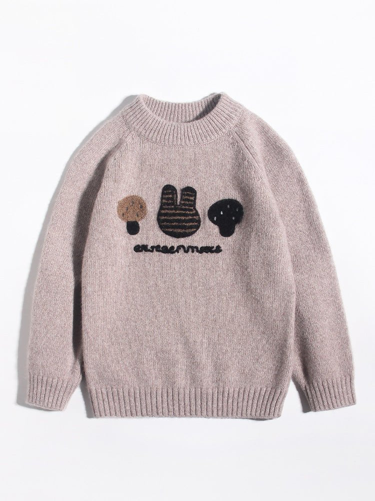 Kids Long Sleeve Cashmere Sweater Bunny and Mushroom Cashmere Pullover Brown 90