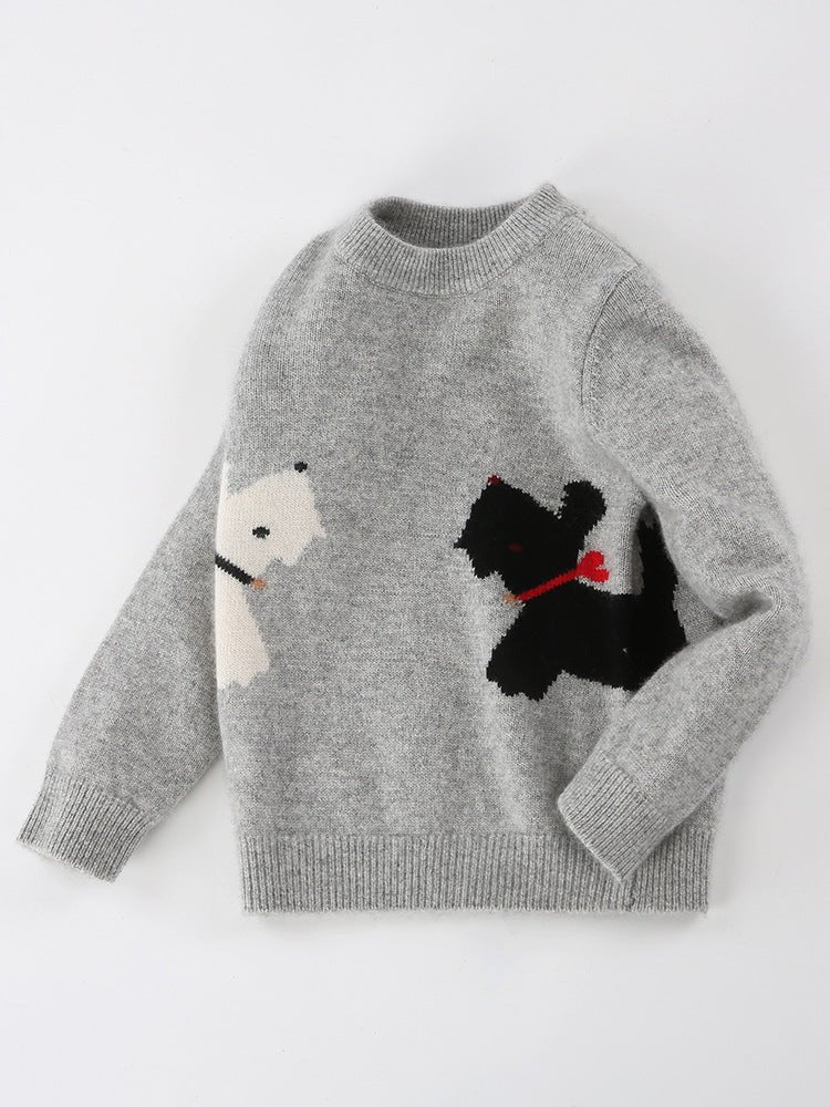 Kids Long Sleeve Cashmere Sweater Cashmere Knit Pullover Dog Pattern Grey 90