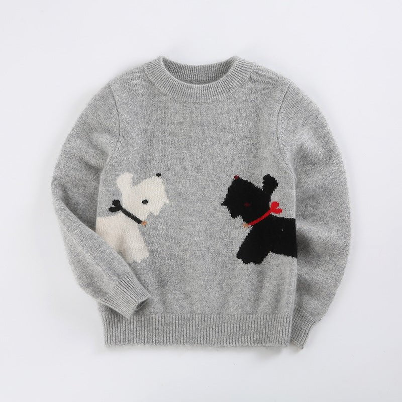 Kids Long Sleeve Cashmere Sweater Cashmere Knit Pullover Dog Pattern Grey 90